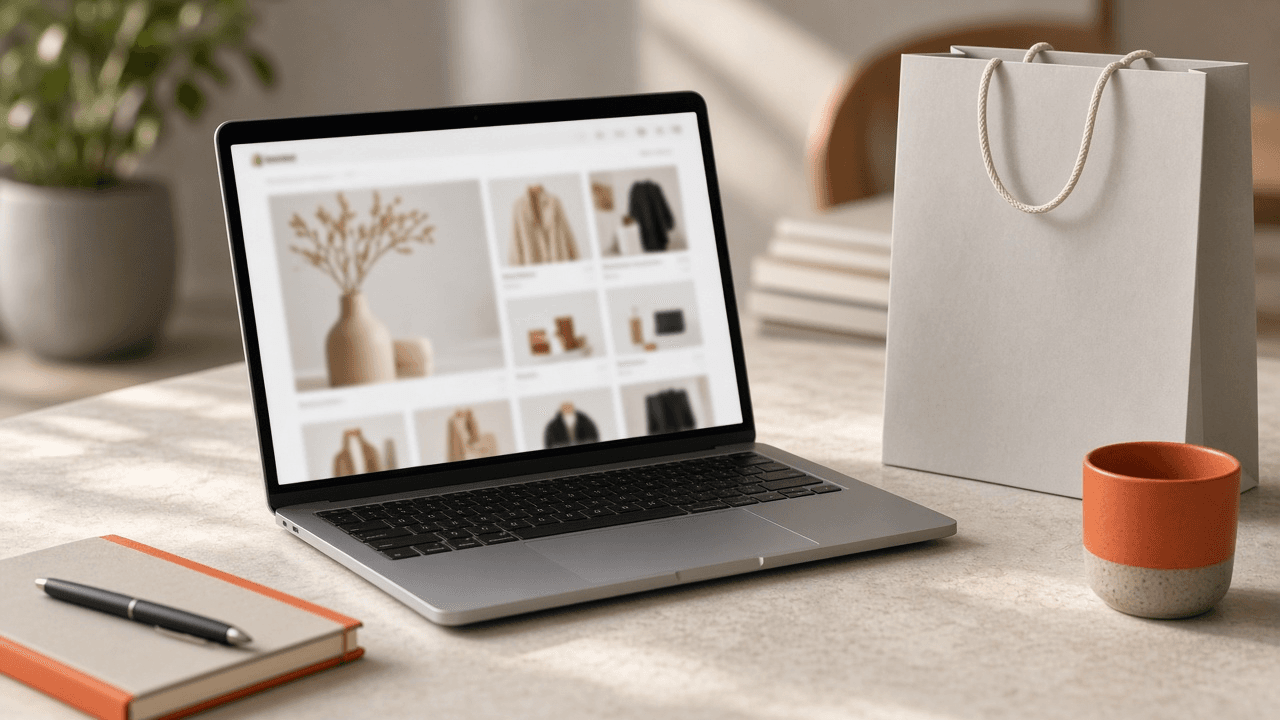 A laptop on a pale desk beside a shopping bag, suggesting a storefront being reviewed for speed