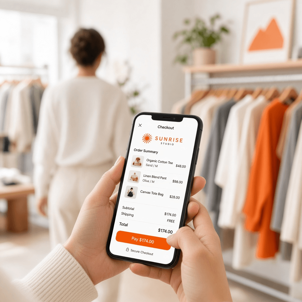 Mobile checkout experience in a bright retail studio, no faces shown